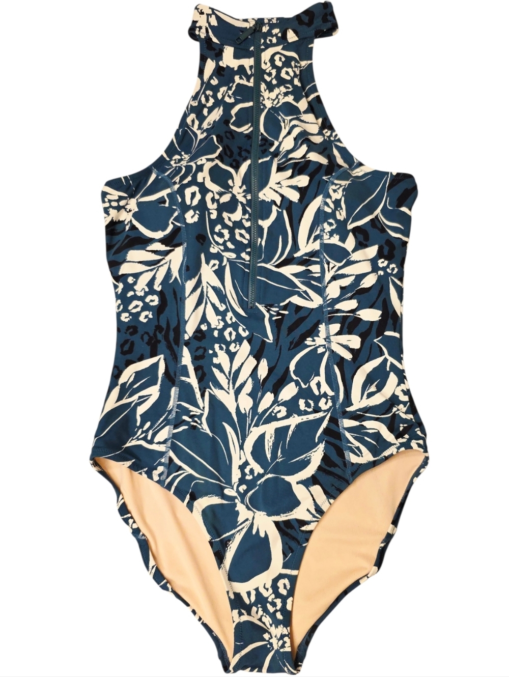 Garnet Hill Navy and Cream Floral High-Neck One-Piece Swimsuit